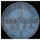 1853-A Prussia 1 Pfenning, Unaltered, KM# 451, Die Cracks, Planchet Flaws