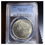 PCGS MS62 1921 Morgan Silver Dollar, Mint Fresh Case