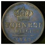 1849 Two Sicilies 10 Tornesi, Italian States, VF+/XF, Unaltered w/Traces of Red Remaining, KM# 331