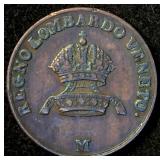 VF+/XF 1822-M Lombardy-Venetia 1 Centesimo, Unaltered Red/Brown w/Good Luster, N# 6355