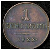 VF+/XF 1822-M Lombardy-Venetia 1 Centesimo, Unaltered Red/Brown w/Good Luster, N# 6355
