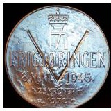 BU 1970 Norway Silver 25 Kroner Olav V Liberation, KM# 414