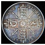 1914 Great Britain .925 Silver Florin, Original Surfaces w/Striking Patina, VF/VF+