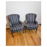 Short Back Queen Anne Wingback Chair Pairing with Stripped Upholstery
