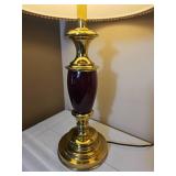 Polished Brass Stiffel Candlestick Table Lamp with Burgundy Off Tone.