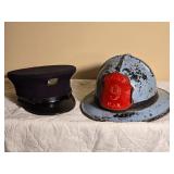 Antique Fireman Helmet with Siren Horn and Cap Group
