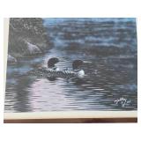Framed Wildlife Print of Loons on Water Signed and Dated 1988