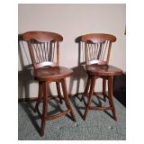 Pair of Solid Wood Swivel Bar Stools with Spindle Backs