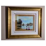 Signed Framed Print of Children by Lakeside Scene - A. Selving