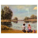 Signed Framed Print of Children by Lakeside Scene - A. Selving