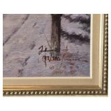 Framed Winter Homestead Print Horse Sleigh Scene Signed and Numbered