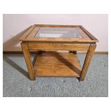 Oak Side Table with Glass Insert Top and Lower Shelf
