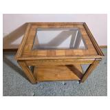 Oak Side Table with Glass Insert Top and Lower Shelf