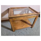 Oak Side Table with Glass Insert Top and Lower Shelf