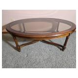 Oval Coffee Table with Glass Insert Top and Cross Stretcher Base