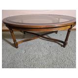 Oval Coffee Table with Glass Insert Top and Cross Stretcher Base