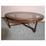 Oval Coffee Table with Glass Insert Top and Cross Stretcher Base