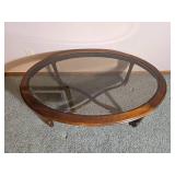 Oval Coffee Table with Glass Insert Top and Cross Stretcher Base