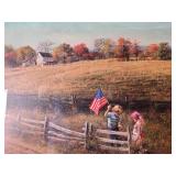 Framed American Countryside Print Children with Flag Signed - A. Selving