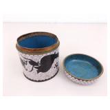 2 Cloisonne Black and White Dragon and Flower Tea Caddy, and Incense Jar