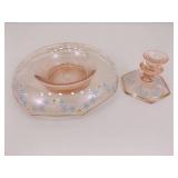 Hand Decorated Pink Depression Glass Console Bowl and Candle Holder