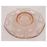Hand Decorated Pink Depression Glass Console Bowl and Candle Holder