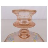 Hand Decorated Pink Depression Glass Console Bowl and Candle Holder