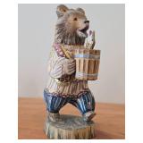 Vintage 13 1/2' Traditional Russian Traveling Bear with Pail of Food theme Hand-carved Hand-painted Wood Figurine