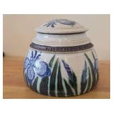 Lidded Canister (Signed) by Hamilton (2007) - Clay Pottery - titled  Warm Sun Shines on Water Mirroring Sky - Iris Unfurl Tender Petals Celebrating Morning 5 3/4' x 7'
