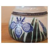 Lidded Canister (Signed) by Hamilton (2007) - Clay Pottery - titled  Warm Sun Shines on Water Mirroring Sky - Iris Unfurl Tender Petals Celebrating Morning 5 3/4' x 7'
