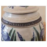 Lidded Canister (Signed) by Hamilton (2007) - Clay Pottery - titled  Warm Sun Shines on Water Mirroring Sky - Iris Unfurl Tender Petals Celebrating Morning 5 3/4' x 7'