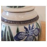 Lidded Canister (Signed) by Hamilton (2007) - Clay Pottery - titled  Warm Sun Shines on Water Mirroring Sky - Iris Unfurl Tender Petals Celebrating Morning 5 3/4' x 7'