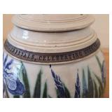 Lidded Canister (Signed) by Hamilton (2007) - Clay Pottery - titled  Warm Sun Shines on Water Mirroring Sky - Iris Unfurl Tender Petals Celebrating Morning 5 3/4' x 7'