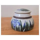 Lidded Jar (Signed) by Hamilton (2007) - Clay Pottery - titled  Blue Iris Ring A Pond Dappled With Rain & Frogs Serenade New Ducklings Bobbing In Line 5 1/2' x 7'