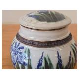 Lidded Jar (Signed) by Hamilton (2007) - Clay Pottery - titled  Blue Iris Ring A Pond Dappled With Rain & Frogs Serenade New Ducklings Bobbing In Line 5 1/2' x 7'