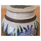 Lidded Jar (Signed) by Hamilton (2007) - Clay Pottery - titled  Blue Iris Ring A Pond Dappled With Rain & Frogs Serenade New Ducklings Bobbing In Line 5 1/2' x 7'