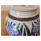 Lidded Jar (Signed) by Hamilton (2007) - Clay Pottery - titled  Blue Iris Ring A Pond Dappled With Rain & Frogs Serenade New Ducklings Bobbing In Line 5 1/2' x 7'
