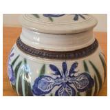 Lidded Jar (Signed) by Hamilton (2007) - Clay Pottery - titled  Blue Iris Ring A Pond Dappled With Rain & Frogs Serenade New Ducklings Bobbing In Line 5 1/2' x 7'