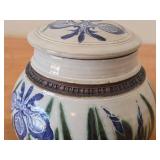 Lidded Jar (Signed) by Hamilton (2007) - Clay Pottery - titled  Blue Iris Ring A Pond Dappled With Rain & Frogs Serenade New Ducklings Bobbing In Line 5 1/2' x 7'