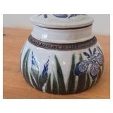 Lidded Jar (Signed) by Hamilton (2007) - Clay Pottery - titled  Blue Iris Ring A Pond Dappled With Rain & Frogs Serenade New Ducklings Bobbing In Line 5 1/2' x 7'