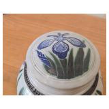 Lidded Jar (Signed) by Hamilton (2007) - Clay Pottery - titled  Blue Iris Ring A Pond Dappled With Rain & Frogs Serenade New Ducklings Bobbing In Line 5 1/2' x 7'
