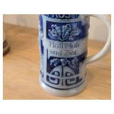 Vintage 6 1/2' Beer Stein (Germany) - Traditional German Life theme Salt Glazed Stoneware - titled  Halt MaB und Zeit (Keep Measure and Goal)
