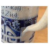 Vintage 6 1/2' Beer Stein (Germany) - Traditional German Life theme Salt Glazed Stoneware - titled  Halt MaB und Zeit (Keep Measure and Goal)