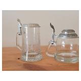 Lot of (2) Vintage Beer Steins (Germany) - Heavy Glass with Pewter Lid and Etched Fish Design 7', Clear Body with Pewter Lid 6'