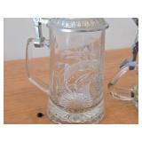 Lot of (2) Vintage Beer Steins (Germany) - Heavy Glass with Pewter Lid and Etched Fish Design 7', Clear Body with Pewter Lid 6'