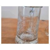 Lot of (2) Vintage Beer Steins (Germany) - Heavy Glass with Pewter Lid and Etched Fish Design 7', Clear Body with Pewter Lid 6'