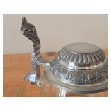 Lot of (2) Vintage Beer Steins (Germany) - Heavy Glass with Pewter Lid and Etched Fish Design 7', Clear Body with Pewter Lid 6'