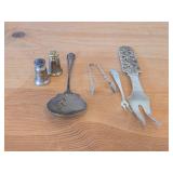 Lot of (6) 173-grams (total) - Sterling: 75-grams, 830S: 99-grams Sterling Silver Housewares - Spoon, Salt and Pepper Shakers, Tong, Forks (x2)