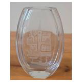 Scandi Glass Table Vase with Etched Village and Harbor Scene by Hadeland Glass (Norway)