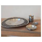 Lot of (4) Vintage Pewter Housewares (Norway) - Beaker, 11-1/2' Serving Platter, Collectible Dish (x2)